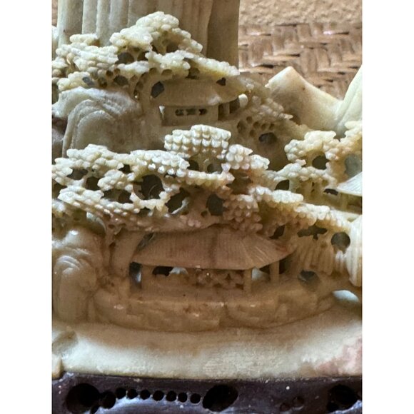 Vintage Chinese Soapstone Hand Carved Landscape Mountains Trees House - Picture 2 of 13